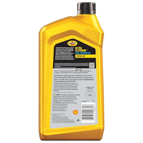 Pennzoil 550040856-6PK Ultra Platinum 0W-40 Full Synthetic Motor Oil - 1 Quart (Case of 6)