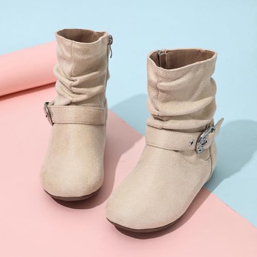 Girls Mid Calf Side Zipper Ankle Boots Suede Ruffle Dress Booties3