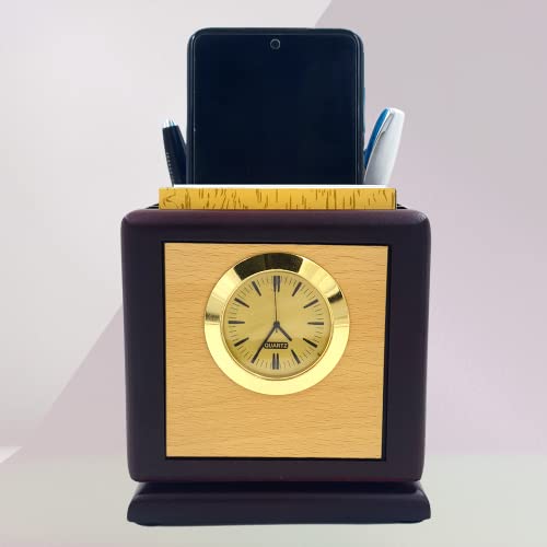 Image of Revolving Stylish Pen Stand for Office Table with Clock, Wooden Pen Holder with Mobile Holder, Wooden Desk Organizer, Office Pen Stand with Compartment, Office Table Accessories Office Gift Item