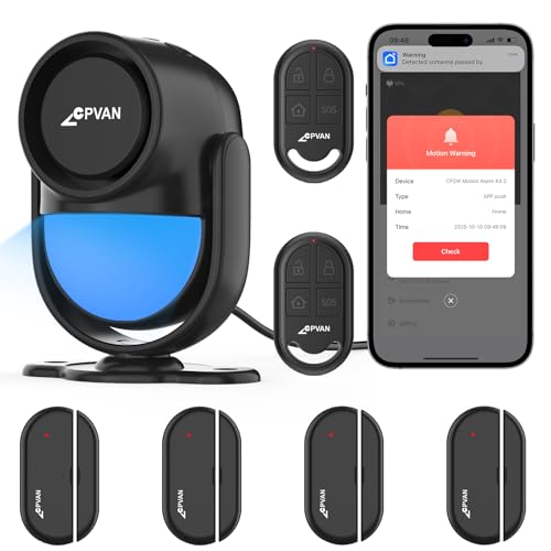 CPVAN WiFi Motion Sensor Alarm, 125dB Wireless DIY Smart PIR Motion Detector with 4 Door/Window Sensors for Home Security System - On Spot Alarm & APP Alert, Black