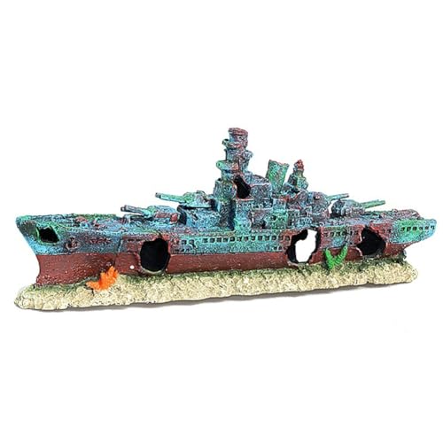 Aquarium Creative Warship Wreckage Ornament - Sunken Pirate Ship Decor for Fish Tank, Artificial Coral Reef Hideout Cave with Aquatic Plants, Unique Underwater Landscape Centerpiece for Aquatic Pets
