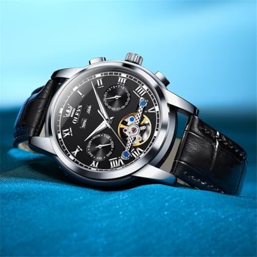 Image of OLEVS Mechanical Dress Mens Watches Square Brown Leather Strap Moon Phase Skeleton Tourbillion Day Date Waterproof Luminous Men's Wrist Watches