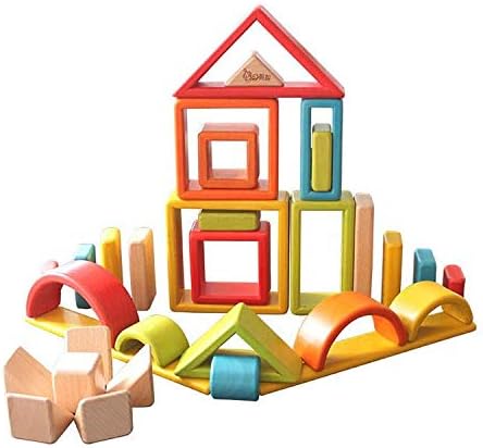 'Wonderland' Wooden Geometrical Building Blocks, 32 Piece Large Geometrical Rainbow Stacker, Stacking & Nesting Construction Toys, Preschool Colorful Learning Educational Toys