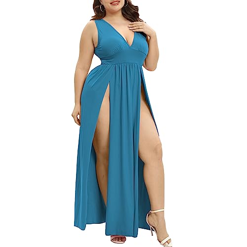 Image of SILUI Women's Summer 2026 Sexy Double High Slit Deep V Neck Plus Size Sundresses Thigh Split Maxi Club Party Dresses