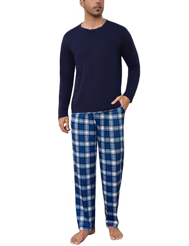 Litherday Pijama Hombre Invierno Algodon Conjunto Manga Larga Cuello Redondo Camisa y Pantalones Ropa de Dormir de 2 Pieza