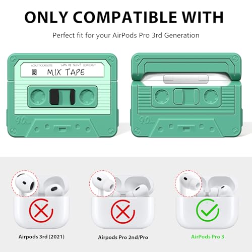 Image of AirPods Pro 3 Case Cover, KOREDA Funny Cassette Tape Design Case for Airpods Pro 3rd Generation 2025, Cute Cartoon Fashion Silicone Protective Case for Women Men (Green)