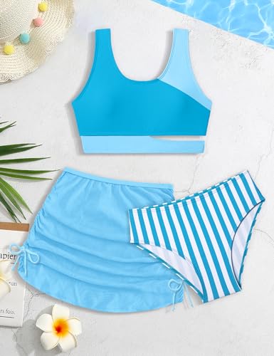 Image of BAVADER Girls Swimsuit Cutout Tropical Floral Bathing Suit for Girls 3 Pcs Bikini with Drawstring Cover up Skirt 7-16Y