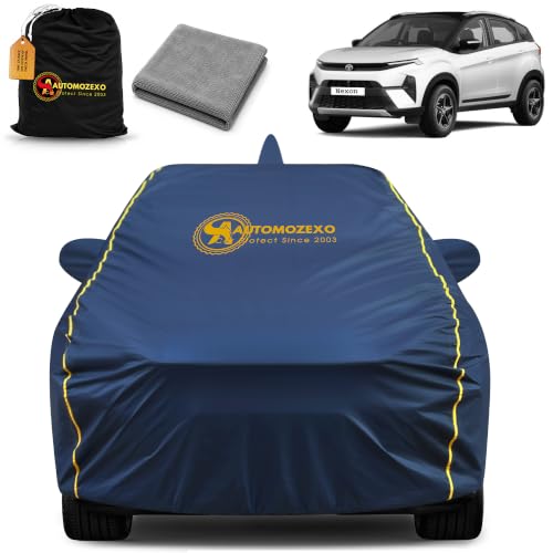 Image of Tata Nexon 100% Waterproof Car Cover (Midnight Blue) 6LYR HDPE 200gsm Strong Fabric for All Weather Protection, Mirror & Antenna Pocket, Cotton Layer Cover, Adjustable Elastic Straps