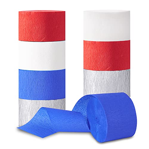 Crepe Paper Streamers 8 Rolls 656Ft, Red White Blue Silver Streamer Tassels Patriotic Decorations For Memorial Day Fourth Of July Independence Day American Theme Party #TOP1