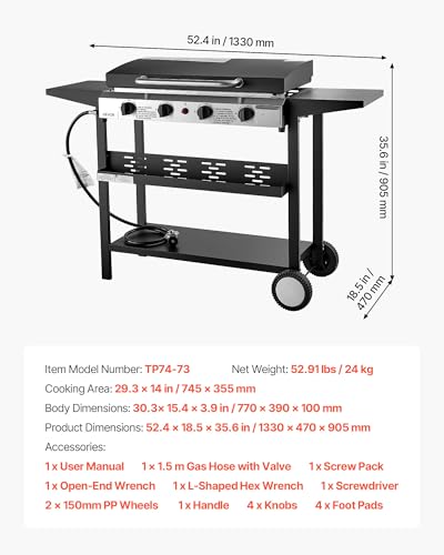 Image of VEVOR Gas Griddle, 4-Burner Flat Top Grill, 29 inch Grill Plate Propane Griddle with Wheels, Lid, 28000 BTU Outdoor Flat Top Grills for Pan-Frying, Grilling, Stir-Frying, & BBQ, Pulse Ignition