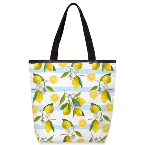 Mularoka Striped Lemon Leaves Canvas Tote Bag with Zipper and Pockets Canvas Tote Shopping Bag Women Reusable Grocery Bag for Beach Travel Gym Shopping