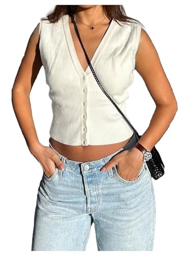 SOLY HUX Women's Button Down Sweater Vest V Neck Sleeveless Knit Going Out Tank Tops