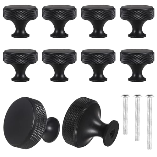 worahroe 10 Pcs Cabinet Knobs Black Matte Metal Round Knurled Wardrobe Knobs, Aluminum Alloy Kitchen Hardware Cupboard Knobs with 3 Size Screws Handles for Drawer Dresser and Wardrobe
