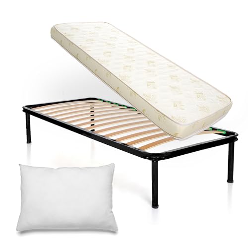DOLCI SOGNI Set Rete Letto Singolo 80x190, Rete a Doghe Letto Singolo con Materasso e Cuscino, 100% Made in Italy, Materasso Waterfoam 14 cm, Rete Singola con Doghe di Legno, Letto a Una Piazza