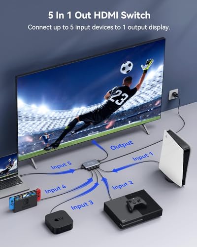 Image of HDMI Switch 5 in 1 Out 4K@60Hz, GANA HDMI Splitter Switcher with Remote, Aluminum HDMI 2.0 Switch Box Hub for 3D, HDCP2.2, HDR, Compatible with Xbox, PS5 /4 /3,Fire Stick,Roku,Blu-Ray Player, Grey