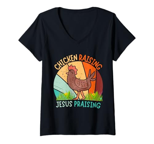 Mujer Funny Vintage Chicken Raising Jesus Praising Retro Camiseta Cuello V