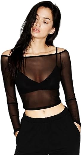 MIRABI Women's Black Sheer Mesh Long Sleeve Crop Top