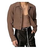 Stylish Men's Cropped Jacket Casual Plaid Shirt Jacket with Long Sleeve Button Down Lapel Coat Trendy Look(Medium) Brown