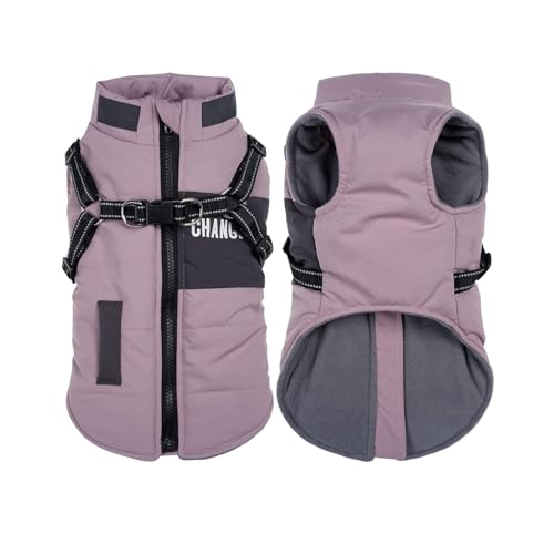 Hundejacke für kleine mittelgroße Hunde, Warmer winddichter Winter Hundemantel mit Geschirr, Haustier Hunde Welpen Outdoor Skifahren Jacken Weste Kostüm (Lila, M)