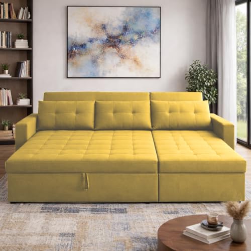 Image of Emilio 4 Seater RHS L - Shape Pull-Out Sofa Cum Bed Sofa for Living Room (Yellow Fabric Color) Premium Fabric Sofa Set for Living Room Sofa Cum Bed