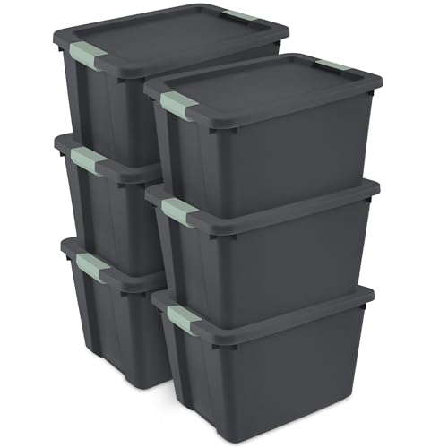 Image of Sterilite 6-Pack Latch Tote, Stackable Plastic Storage Bin Containers, 20 Gallon, Gray /Green - Large Organizer Boxes with Lids for Closet, Bedroom, Tool, and Laundry Organization