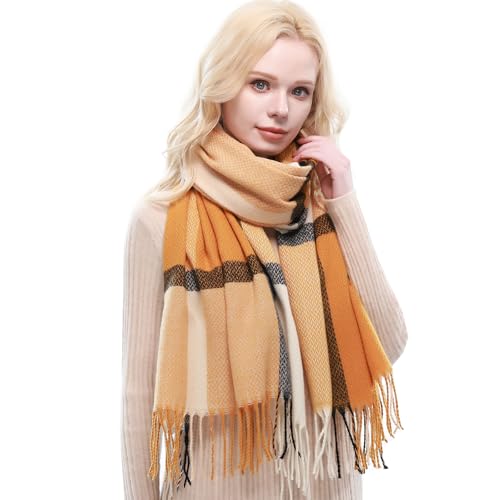 RIIQIICHY Plaid Scarf for Women Fall Winter Pashmina Scarves Wraps for Cold Weather Warm Large Yellow/Black/Ivory