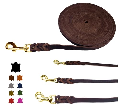 Hundeleine Fettleder/Schleppleine Leder Messing/Lederleine kleine Hunde & große Hunde / 2m / 3m / 5m / 10m / 15m /20m (Braun MIT Handschlaufe, 3m / 12mm)