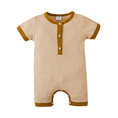 CRXCVYYT Summer Newborn Baby Boy Girl Ribbed Romper Clothes Unisex Infant Solid Short Sleeve Jumpsuit One Piece Outfit (Beige,12-18M)