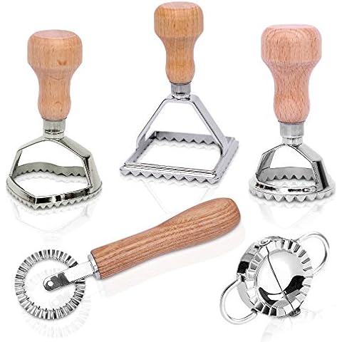 Ravioli Noodles Cutter Set - Stainless Steel & Beech Wood - Ravioli Mould - Make Your own Dumplings, Pierogie & Samosas (Set of 5) Cover