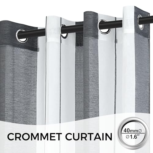 MRTREES Voile Gardinen Kurz Vorhang Halbtransparent Streifen Stores Schals mit Ösenschal Moderner Wohnstil Weiß+Grau 175×140cm (H×B) für… – Ansicht 2