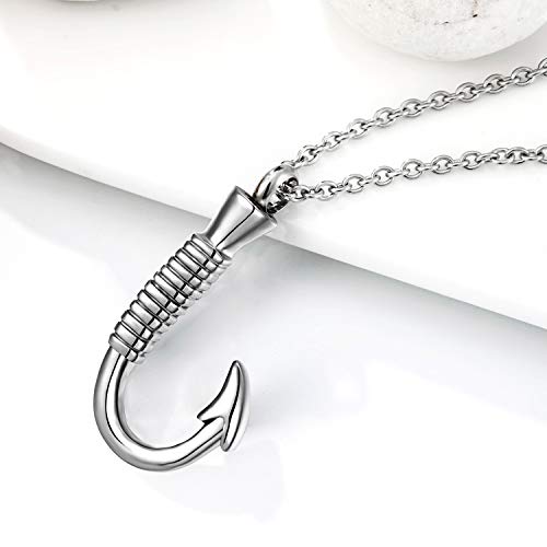 Norya Fish Hook Cremation Jewelry Ashes Urn Necklace Pet Holder Memorial Pendant Stainless Steel Waterproof Urn Pendant (Silver Tone) #TOP2