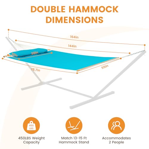 Image of Lazy Daze Hammocks 12 FT Double Quilted Fabric Hammock with Spreader Bar and Detachable Pillow, 2 Person Hammock for Outdoor Outside Patio Garden Yard Pool Beach, 450lbs Weight Capacity (Blue)