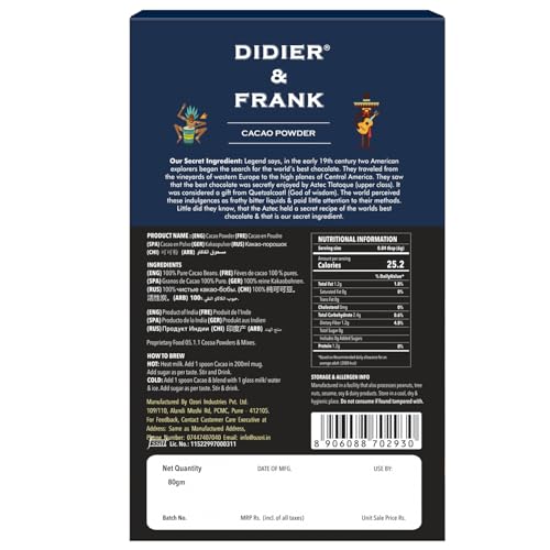 Image of Didier & Frank Pure Cacao Powder 80g- Unsweetened Dark Cocoa for Baking, Keto Desserts, Healthy Smoothies, Brownies, Hot Chocolate & Cakes