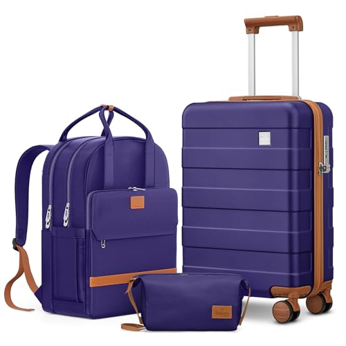 Image of imiomo Hard Shell 20 Inch Carry on Luggage 3 Piece Set with Travel Backpack, Lightweight Hardside Carry-On Suitcase with Spinner Wheels and TSA Lock, Navy