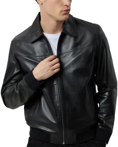J'Jackin Men's Real Lambskin Black Leather Bomber Jacket Premium