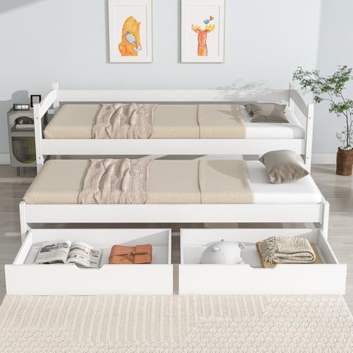 PUGSDRLY Lit Enfants Double Empilables 90x200 cm avec lit gigogne 90x190,Tiroirs à roulettes,Cadre de Lit 2 Personnes avec Sommier à Lattes,pour...