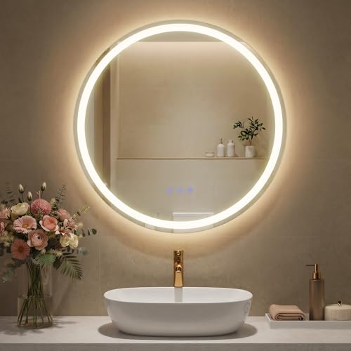 SONGMICS Miroir de Salle de Bain avec Éclairage, Miroir Mural Rond, Anti-buée, Température et Luminosité Réglables, pour Coiffeuse, Chambre, 51 cm, Blanc...