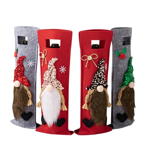 Fundas para vino navideñas de gnomos, fundas para vino para Navidad | 4X Ropa de botella de vino de gnomos suaves de fieltro | Funda lavable reutilizable para botella de vino, decoración de mesa, para