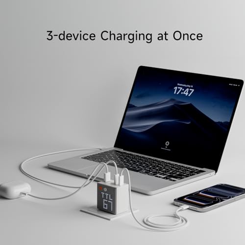 Image of SHARGE 67W USB C Charger, 3-Port USB-C GaN Wall Charger Block with Dot Matrix Display, PD3.0 Laptop Charger Fast Charging for MacBook Air, iPad, iPhone 17, Foldable and Compact for Travel