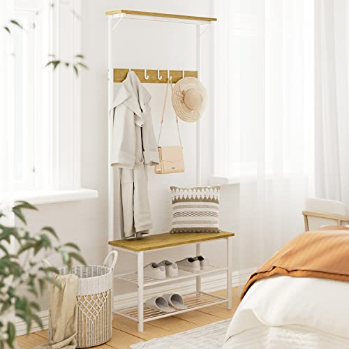 Aepoalua Hall Tree With Bench And Shoe Storage, 3-In-1 Coat Rack Shoe Bench, Freestanding Wooden Coat Rack With Shoe Bench With Metal Frame, 3-Tier Storage Shelf And 5 Removable Hooks, White #TOP3