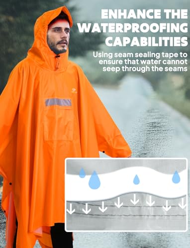 ANYOO Leichter Wasserdichter Regenponcho Regenjacken mit Ärmeln Belüftet Mehrzweck Regenmantel Unisex mit Kapuze Ideal für im Freien Camping Wandern Angeln, Dunkelorange, Einheitsgröße
