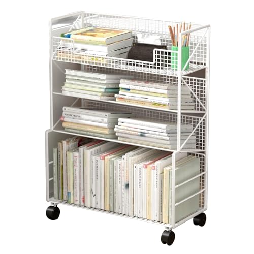 Image of 4-Tier Metal Rolling Utility Cart - Heavy Duty Bookshelf for Office, Dorm, Classroom & Library - Versatile Corner Display Rack & Magazine Holder for Living Room