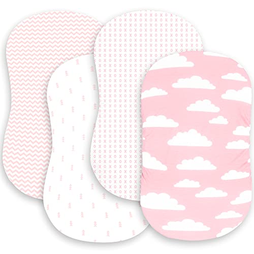 BaeBae Goods Premium Bassinet Fitted Sheet Set - 4 Pack 100% Jersey Knit - Standard Size Oval or Halo Bassinet Pads - Pink Floral