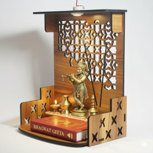 Image of Royal Walnut Finish Wooden Pooja Mandir | Wall Mounted Home Temple with LED Lights & Spacious Storage | Premium Handcrafted Puja Unit (37.5 * 29 * 25 CM) (Large) A1