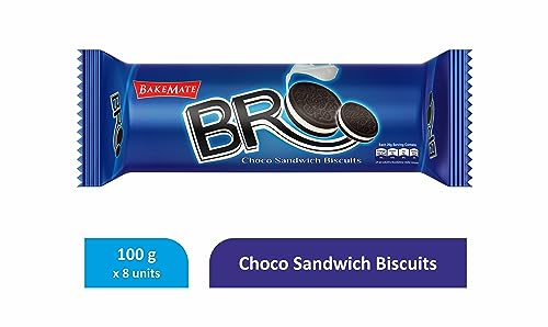 Image of BakeMate BRO Choco Sandwich Cream Biscuits - Combo Pack of 8 (100g Each) | Vanilla Cream Biscuit | Snack for Kids | Family Pack Cream Biscuits | Tea Time Snack | Cookies Pack | Value Pack Biscuit