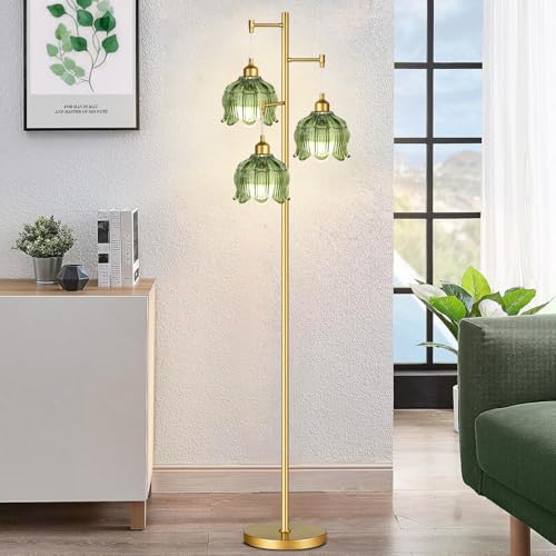 Image of ZECOXOL Vintage Floor Lamps for Living Room Bedroom-3 Light Glass Floor Lamp with Three Led Bulb, Modern Mid Century Standing Lamp Brass Tall Lamp Gold Tree Floor Lamp for Bedroom Corner