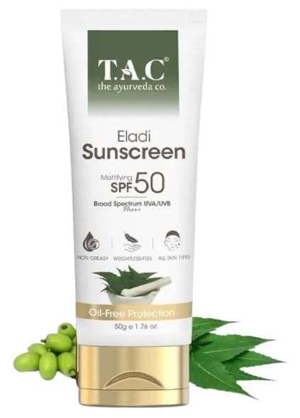 Image of T.A.C Eladi Sunscreen SPF 50 PA+++ | Oil-Free Matte Finish Sunscreen Cream | Broad Spectrum UVA /UVB Protection | Lightweight Non-Greasy Formula for All Skin Types | 50g
