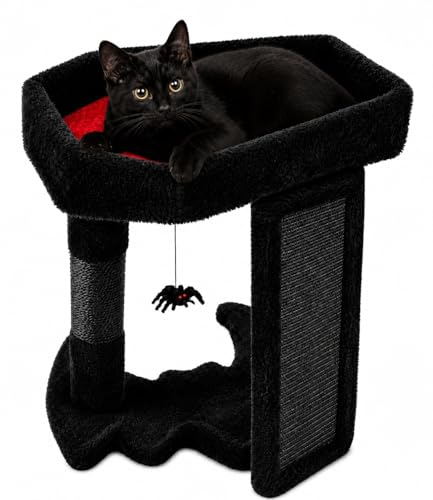 PuzzlePaw Gothic Cat Tree Tower with Coffin Cat Bed for Indoor Cats Halloween Spooky Cat Scratcher Goth Cat Tree with Sisal Scratchig Post and Spider Dangling Toys Black with Red
