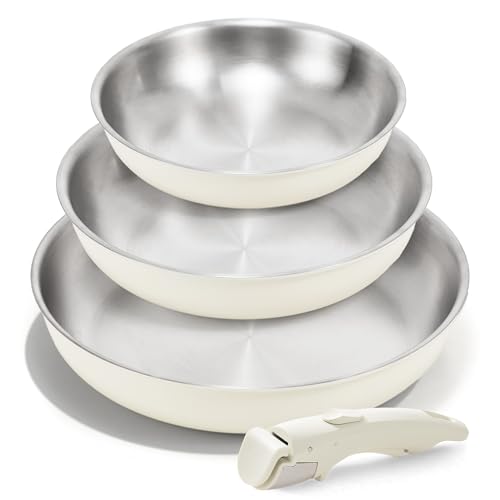 Image of KITEXPERT Non Stick Stainless Steel Pan Set – 8", 10", 12" Tri-Ply Frying Pan Skillet with Removable Handles, PFOA-Free, Cream White Ceramic Exterior, Dishwasher safe, Compatible with All Stovetops