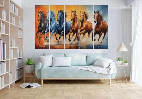 Image of KYARA ARTS 7 Horses Wall Painting for Living Room Big Size(30inchx48inch) Running Horses Painting Vastu for Bedroom, Office, Hotel - Wall Decor Wooden Framed-Digital Painting